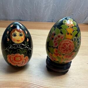 Hand Painted Folk Art Wooden Eggs Floral Matryoshka Style Set of 2